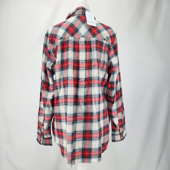 New Time & Tru Womens Large 12-14 White Red Green Plaid Button Up Flannel Shirt - Picture 6 of 11
